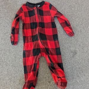 Christmas red and black plaid footed zip pajamas